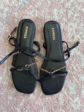 Express Black Strappy Sandals with Gold Chain Accent